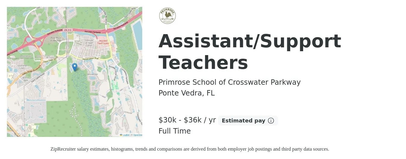 Primrose School of Crosswater Parkway job posting for a Assistant/Support Teachers in Ponte Vedra, FL with a salary of $30,000 to $36,000 Yearly with a map of Ponte Vedra location.