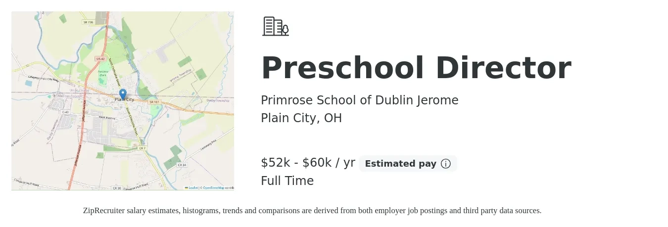 Primrose School of Dublin Jerome job posting for a Preschool Director in Plain City, OH with a salary of $52,000 to $60,000 Yearly with a map of Plain City location.
