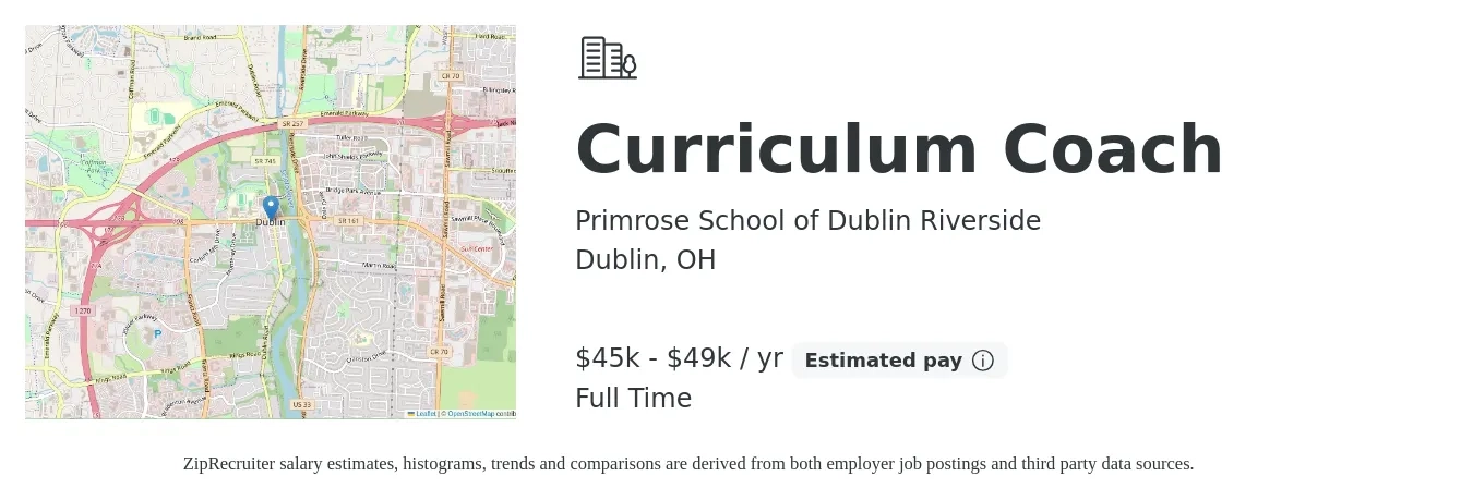 Primrose School of Dublin Riverside job posting for a Curriculum Coach in Dublin, OH with a salary of $45,000 to $49,000 Yearly with a map of Dublin location.