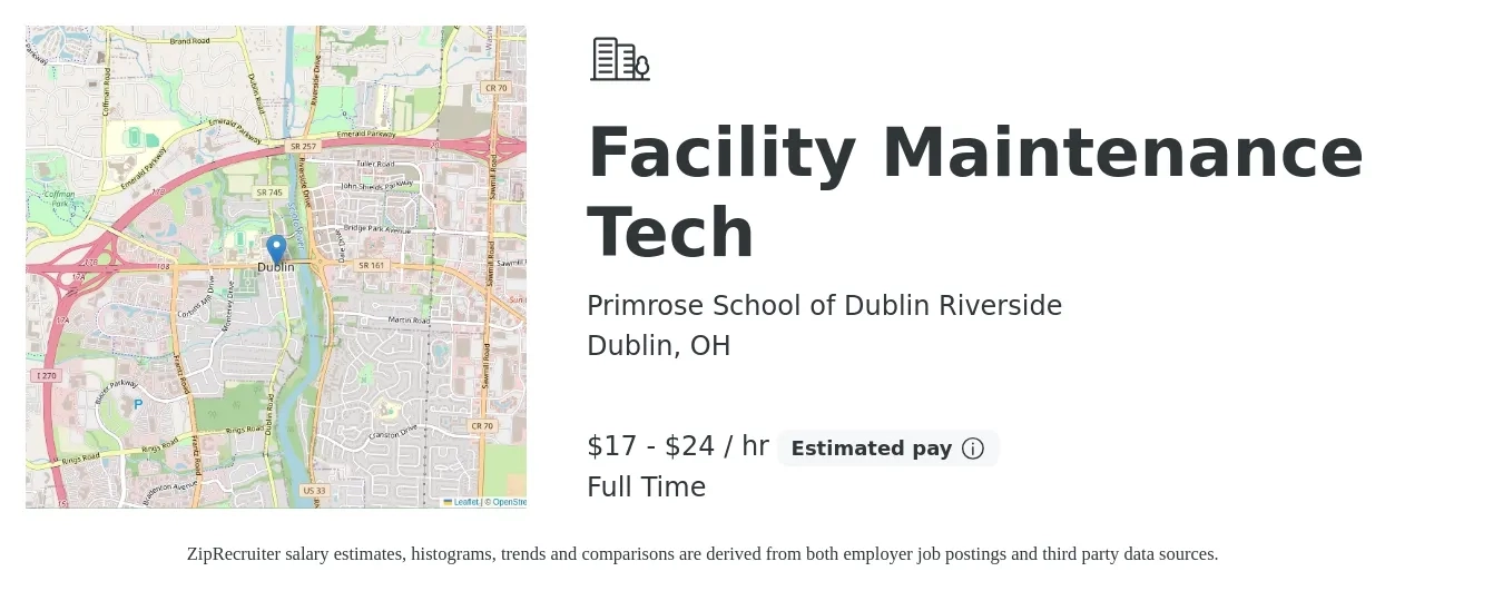 Primrose School of Dublin Riverside job posting for a Facility Maintenance Tech in Dublin, OH with a salary of $18 to $25 Hourly with a map of Dublin location.