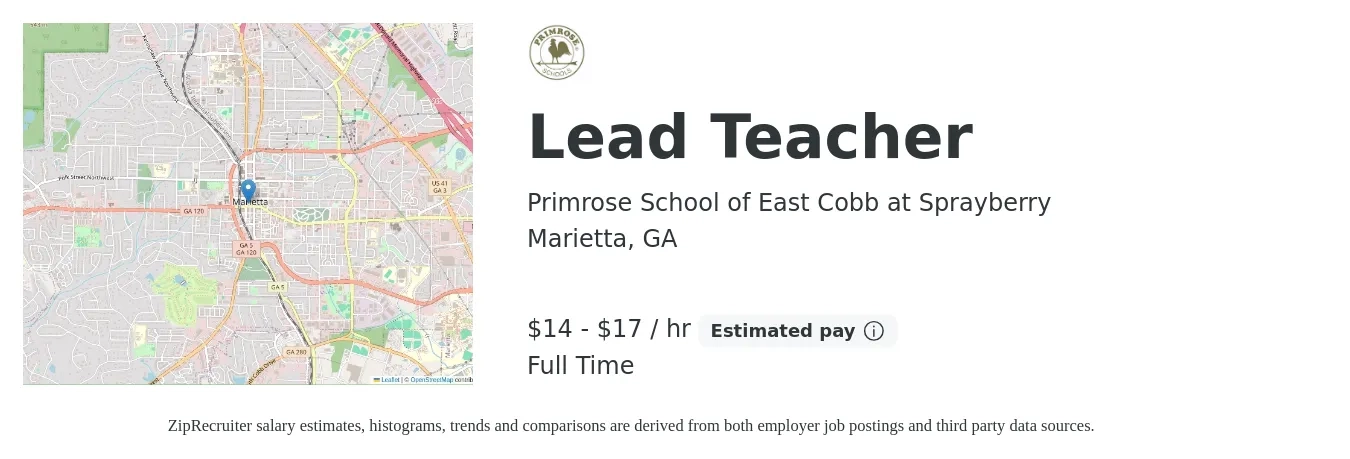 Primrose School of East Cobb at Sprayberry job posting for a Lead Teacher in Marietta, GA with a salary of $15 to $19 Hourly with a map of Marietta location.