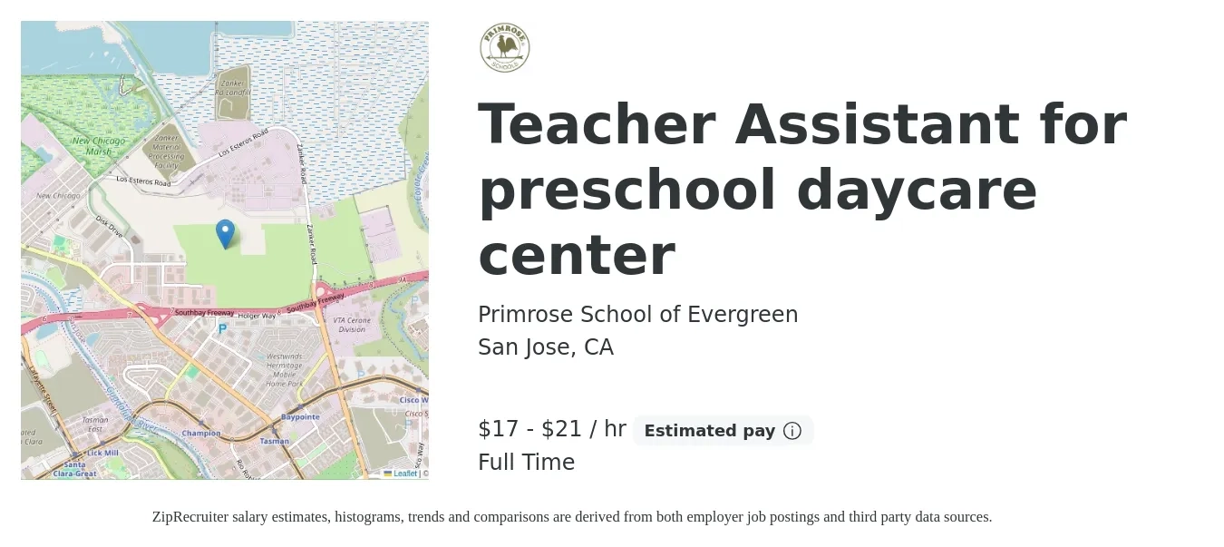 Primrose School of Evergreen job posting for a Teacher Assistant for preschool daycare center in San Jose, CA with a salary of $18 to $22 Hourly with a map of San Jose location.