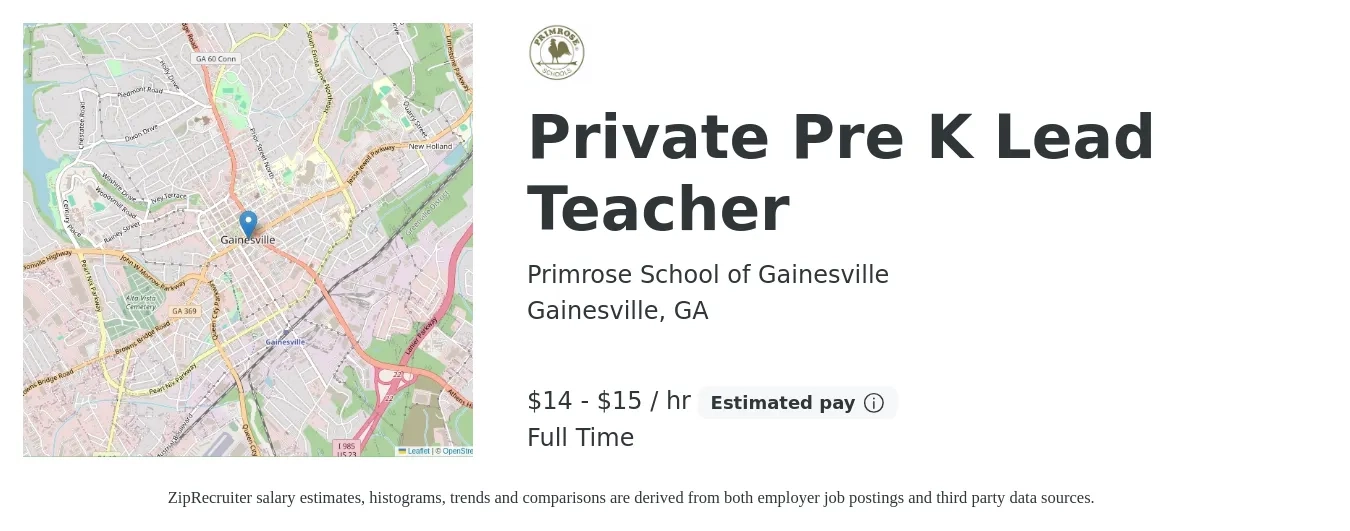 Primrose School of Gainesville job posting for a Private Pre K Lead Teacher in Gainesville, GA with a salary of $15 to $16 Hourly with a map of Gainesville location.