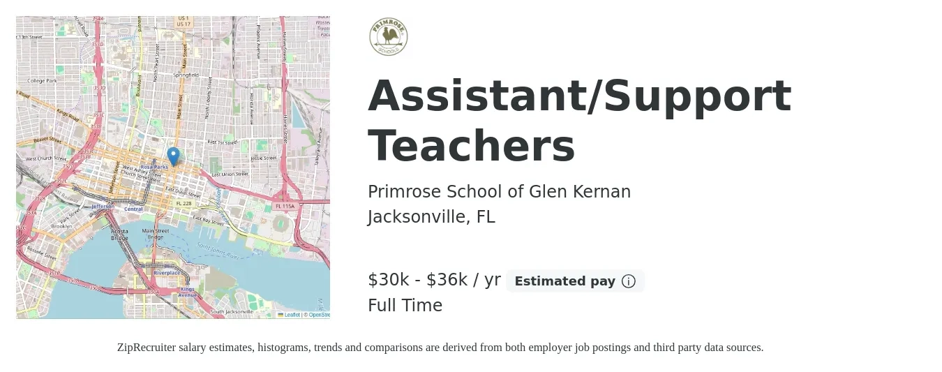 Primrose School of Glen Kernan job posting for a Assistant/Support Teachers in Jacksonville, FL with a salary of $30,000 to $36,000 Yearly with a map of Jacksonville location.
