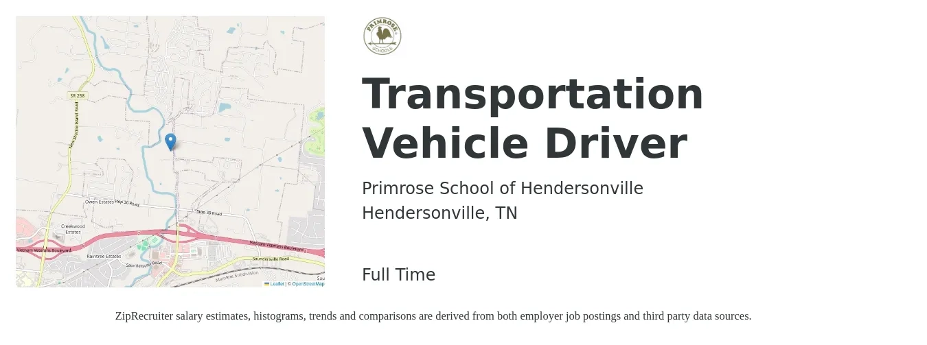 Primrose School of Hendersonville job posting for a Transportation Vehicle Driver in Hendersonville, TN with a salary of $15 to $22 Hourly with a map of Hendersonville location.