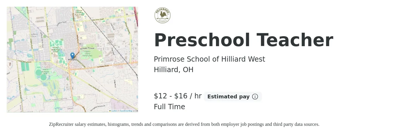 Primrose School of Hilliard West job posting for a Preschool Teacher in Hilliard, OH with a salary of $13 to $17 Hourly with a map of Hilliard location.