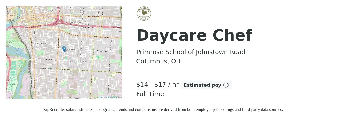 Primrose School of Johnstown Road job posting for a Daycare Chef in Columbus, OH with a salary of $15 to $18 Hourly with a map of Columbus location.