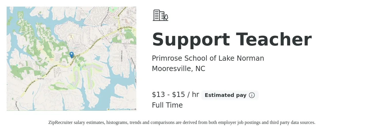 Primrose School of Lake Norman job posting for a Support Teacher in Mooresville, NC with a salary of $14 to $16 Hourly with a map of Mooresville location.