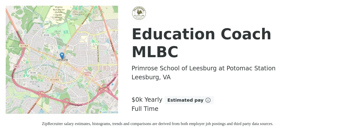 Primrose School of Leesburg at Potomac Station job posting for a Education Coach MLBC in Leesburg, VA with a salary of $1 to $2 Yearly with a map of Leesburg location.