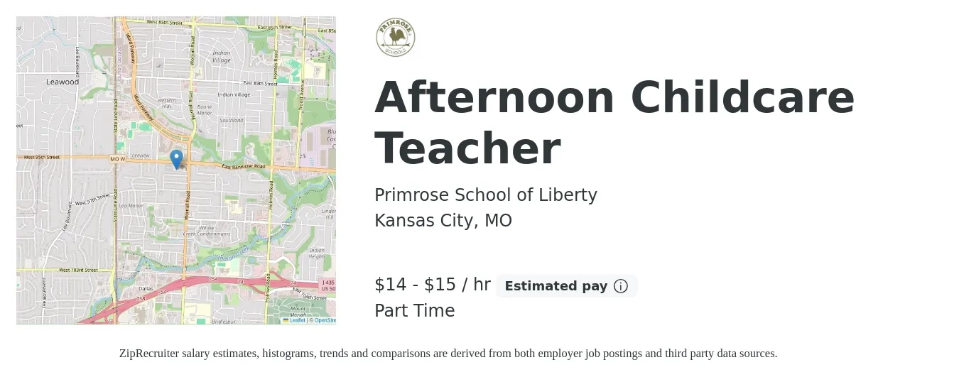 Primrose School of Liberty job posting for a Afternoon Childcare Teacher in Kansas City, MO with a salary of $15 to $16 Hourly with a map of Kansas City location.