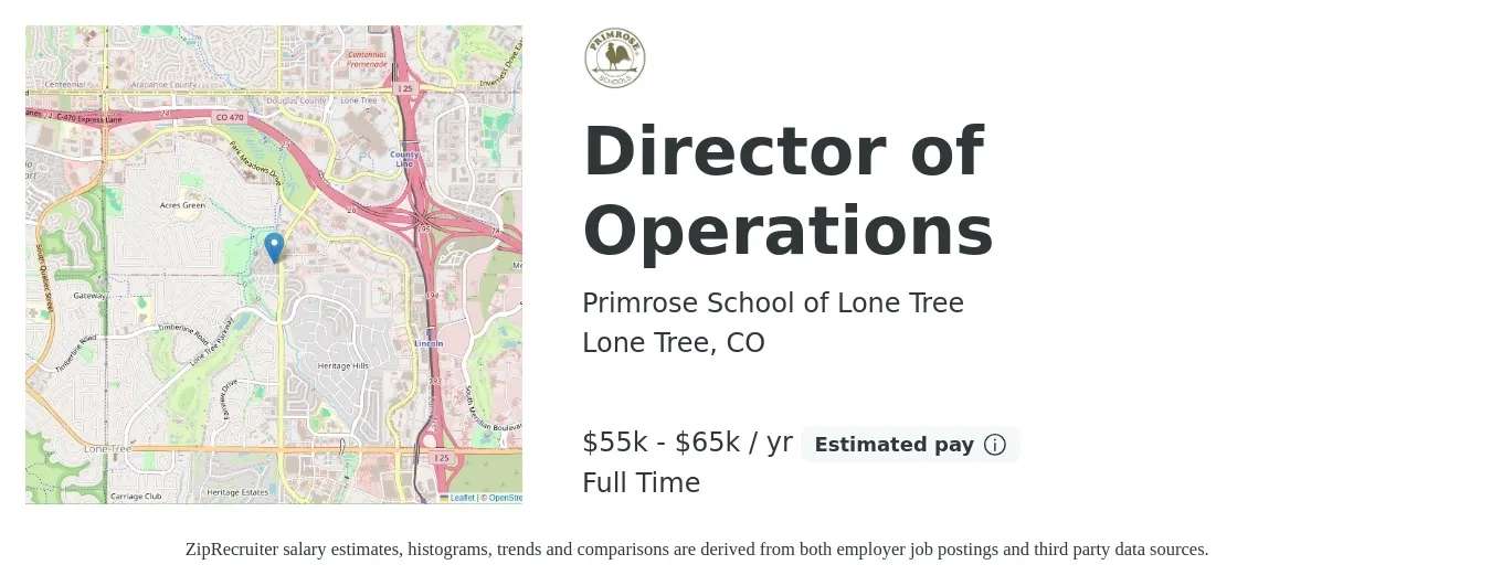 Primrose School of Lone Tree job posting for a Director of Operations in Lone Tree, CO with a salary of $55,000 to $65,000 Yearly with a map of Lone Tree location.