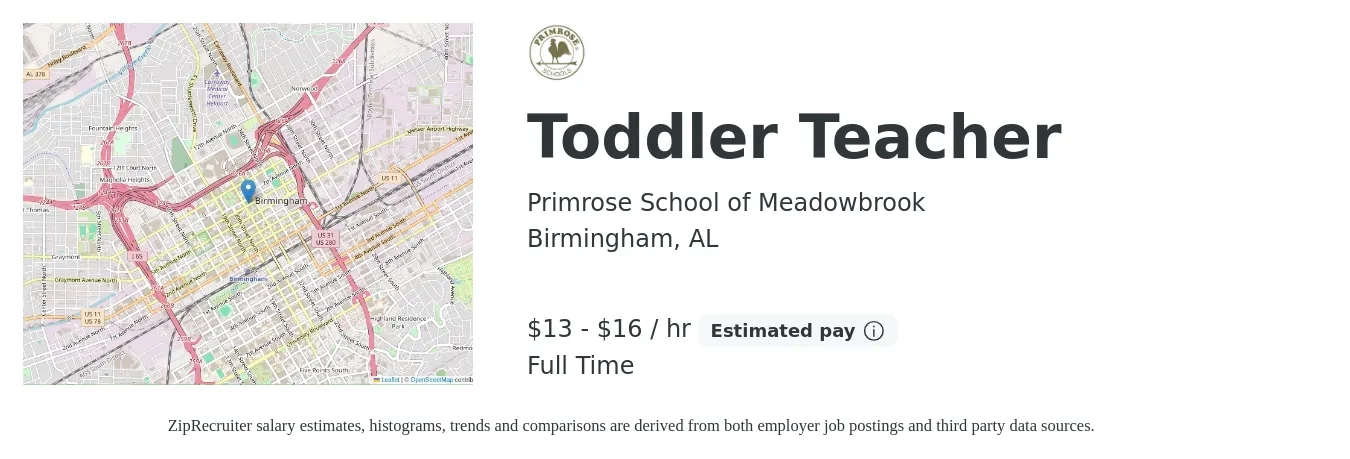 Primrose School of Meadowbrook job posting for a Toddler Teacher in Birmingham, AL with a salary of $13 to $15 Hourly with a map of Birmingham location.