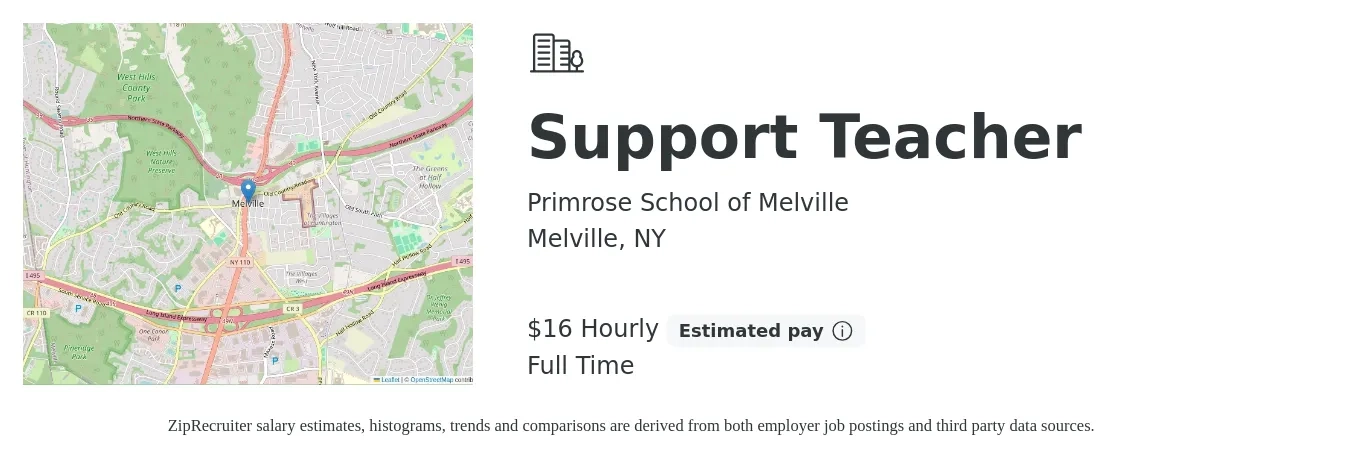 Primrose School of Melville job posting for a Support Teacher in Melville, NY with a salary of $17 Hourly with a map of Melville location.