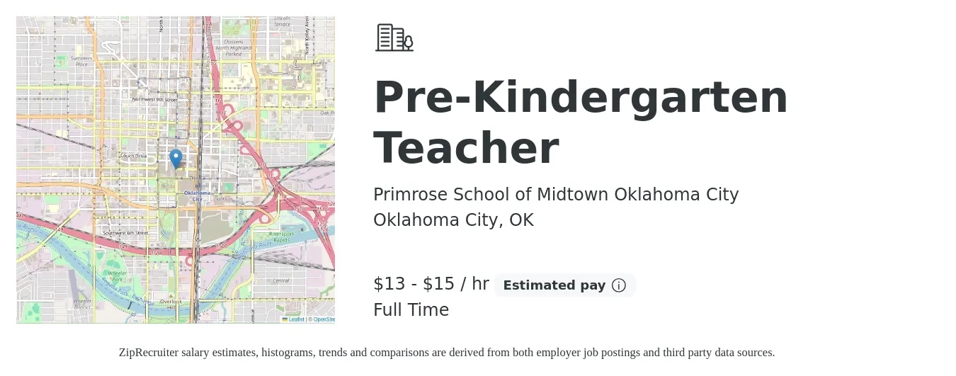 Primrose School of Midtown Oklahoma City job posting for a Pre-Kindergarten Teacher in Oklahoma City, OK with a salary of $14 to $16 Hourly with a map of Oklahoma City location.