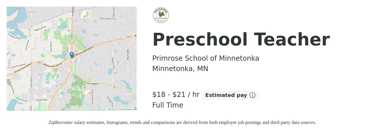 Primrose School of Minnetonka job posting for a Preschool Teacher in Minnetonka, MN with a salary of $19 to $22 Hourly with a map of Minnetonka location.
