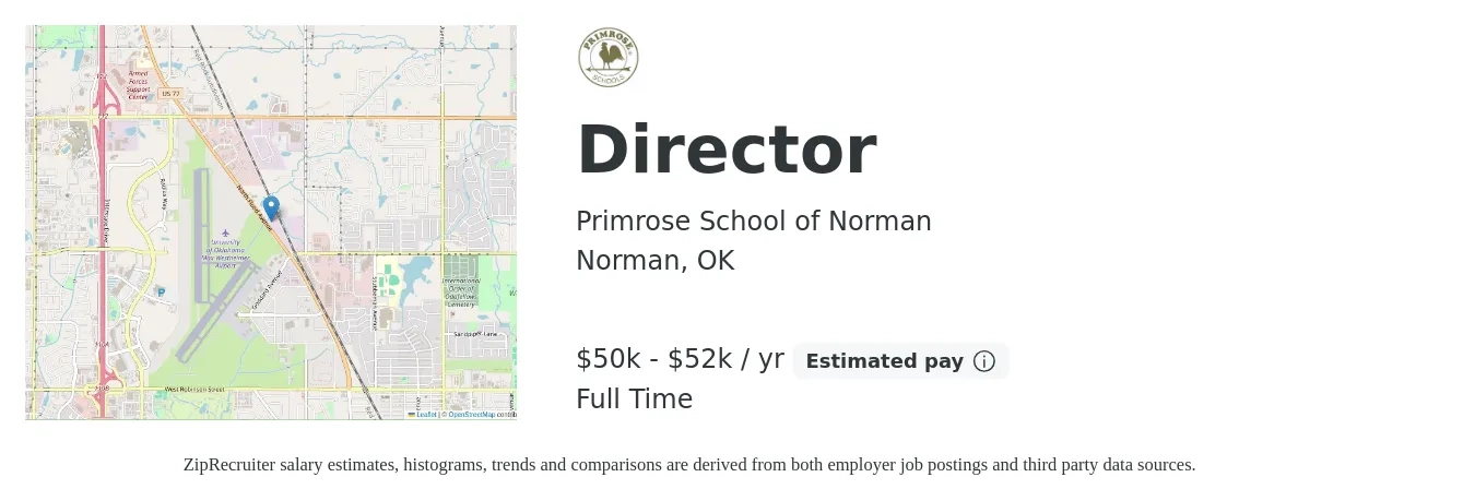 Primrose School of Norman job posting for a Director in Norman, OK with a salary of $50,000 to $52,000 Yearly with a map of Norman location.