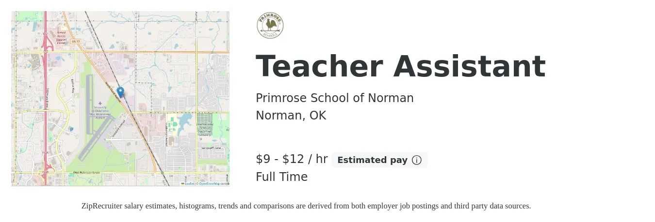 Primrose School of Norman job posting for a Teacher Assistant in Norman, OK with a salary of $10 to $13 Hourly with a map of Norman location.