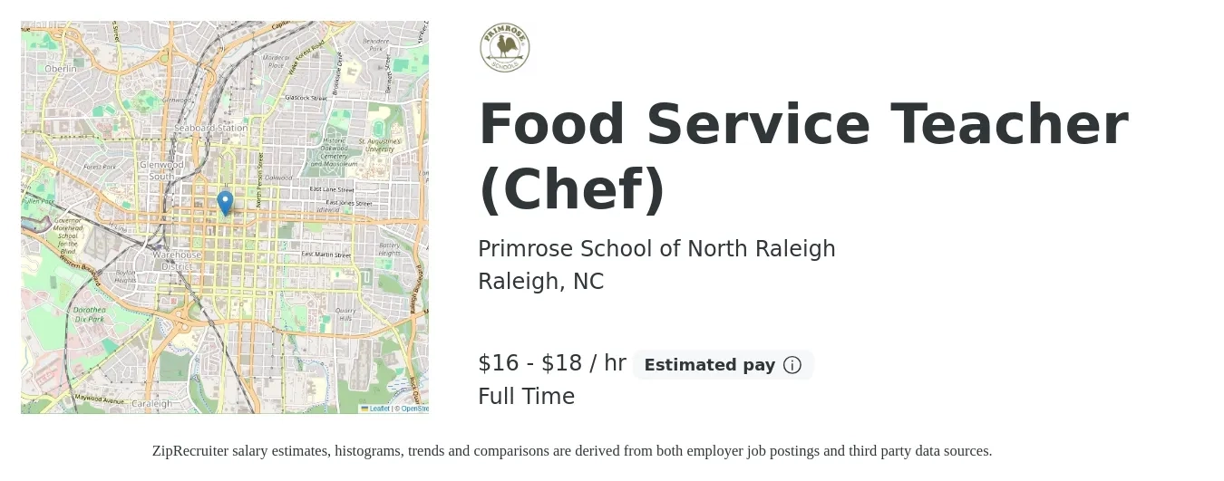 Primrose School of North Raleigh job posting for a Food Service Teacher (Chef) in Raleigh, NC with a salary of $17 to $19 Hourly with a map of Raleigh location.