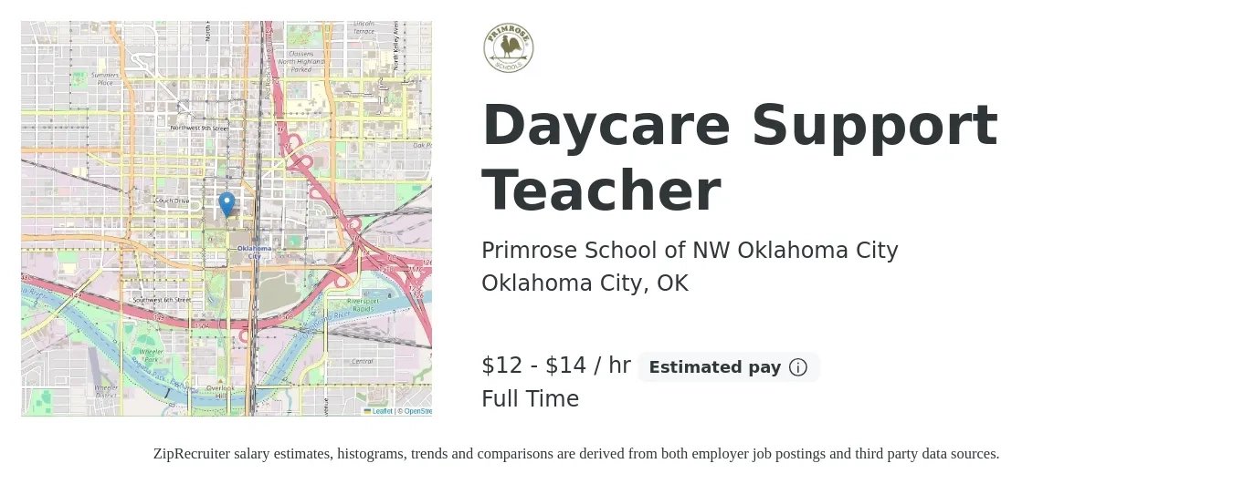 Primrose School of NW Oklahoma City job posting for a Daycare Support Teacher in Oklahoma City, OK with a salary of $13 to $15 Hourly with a map of Oklahoma City location.