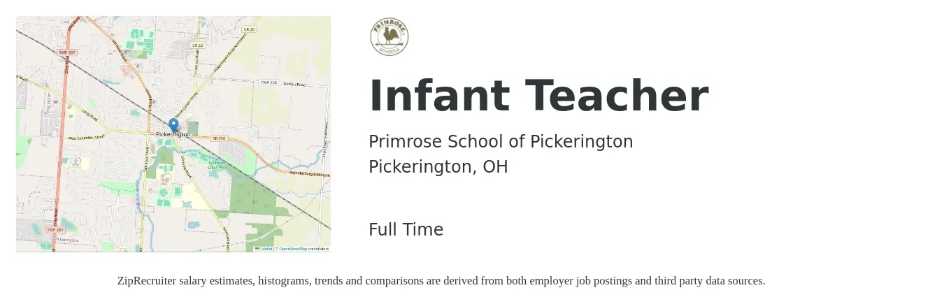 Primrose School of Pickerington job posting for a Infant Teacher in Pickerington, OH with a salary of $12 to $16 Hourly with a map of Pickerington location.