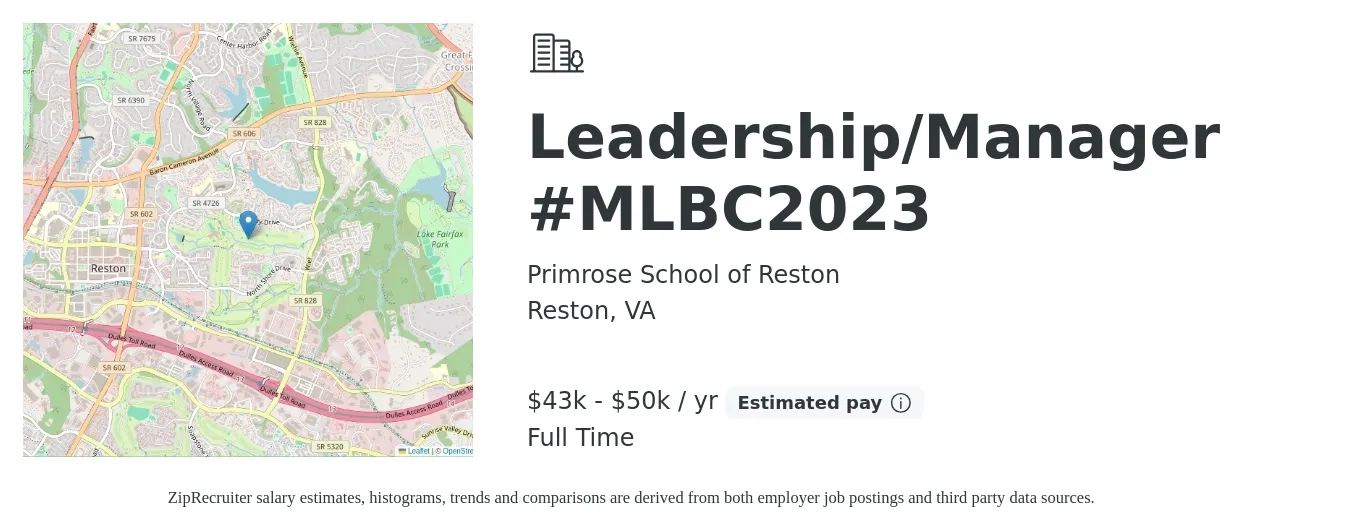 Primrose School of Reston job posting for a Leadership/Manager #MLBC2023 in Reston, VA with a salary of $43,000 to $50,000 Yearly with a map of Reston location.