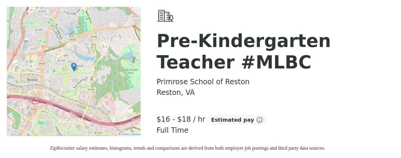 Primrose School of Reston job posting for a Pre-Kindergarten Teacher #MLBC in Reston, VA with a salary of $17 to $20 Hourly with a map of Reston location.