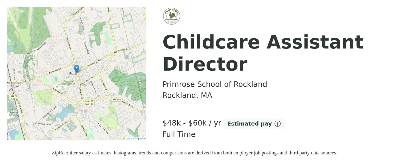 Primrose School of Rockland job posting for a Childcare Assistant Director in Rockland, MA with a salary of $48,000 to $60,000 Yearly with a map of Rockland location.