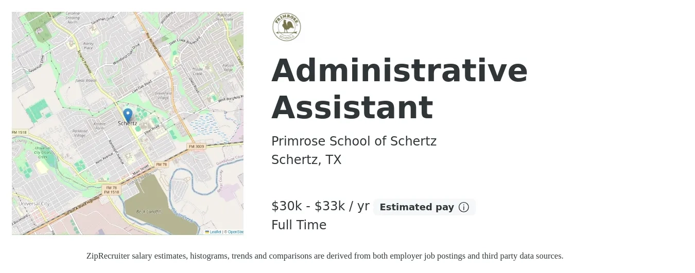 Primrose School of Schertz job posting for a Administrative Assistant in Schertz, TX with a salary of $30,000 to $33,500 Yearly with a map of Schertz location.