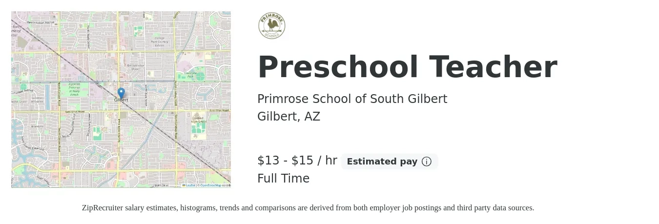 Primrose Schools job posting for a Preschool Teacher in Gilbert, AZ with a salary of $14 to $16 Hourly with a map of Gilbert location.