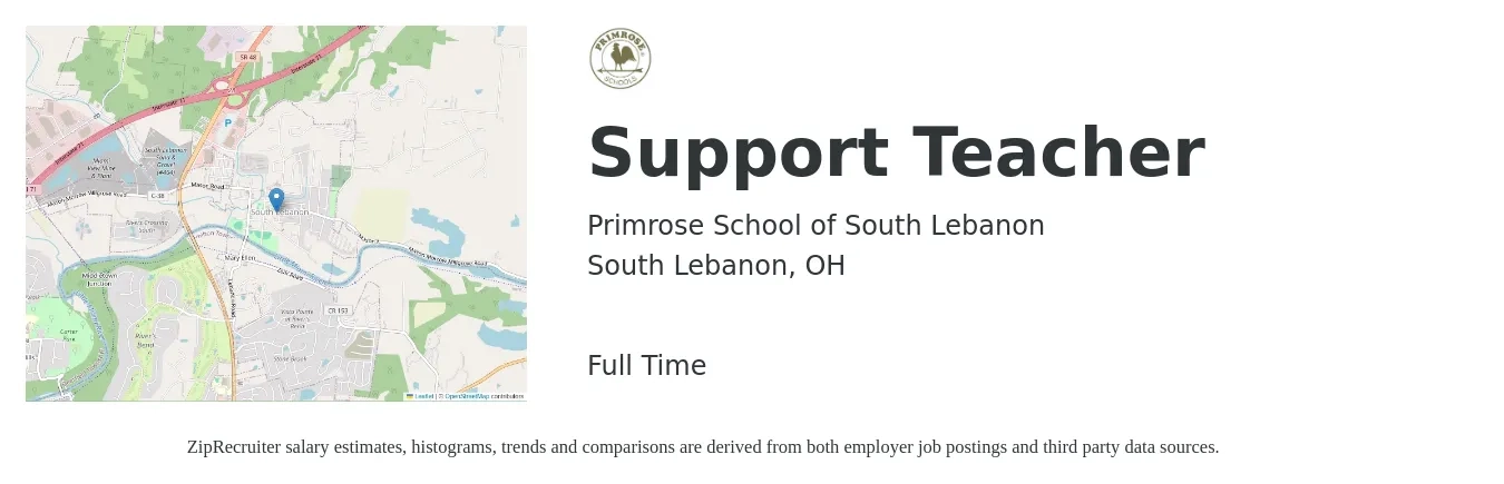 Primrose School of South Lebanon job posting for a Support Teacher in South Lebanon, OH with a salary of $13 to $16 Hourly with a map of South Lebanon location.