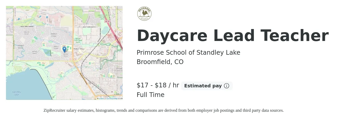 Primrose School of Standley Lake job posting for a Daycare Lead Teacher in Broomfield, CO with a salary of $18 to $19 Hourly with a map of Broomfield location.