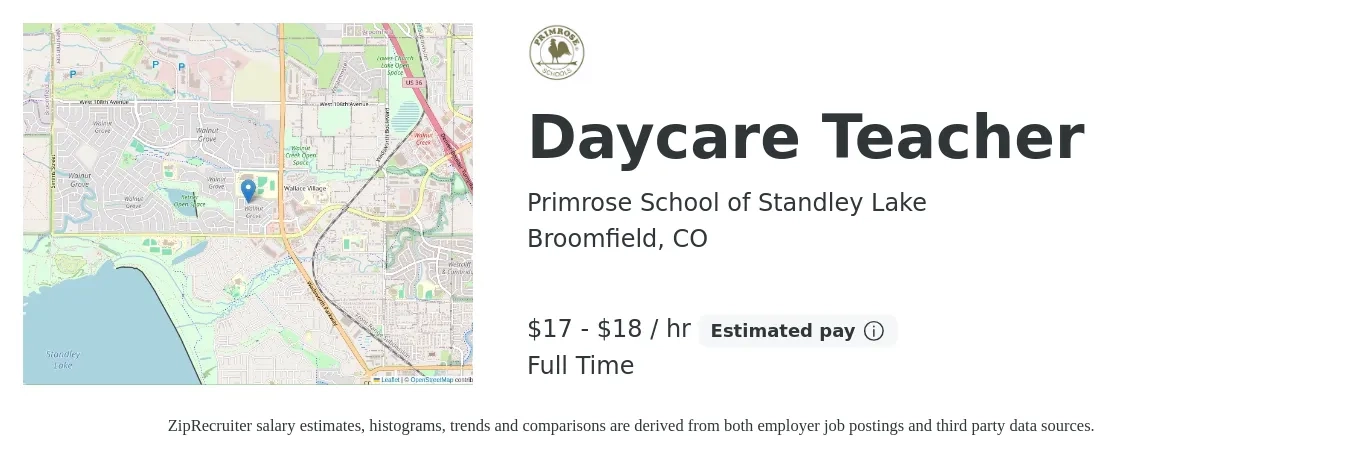 Primrose School of Standley Lake job posting for a Daycare Teacher in Broomfield, CO with a salary of $18 to $19 Hourly with a map of Broomfield location.
