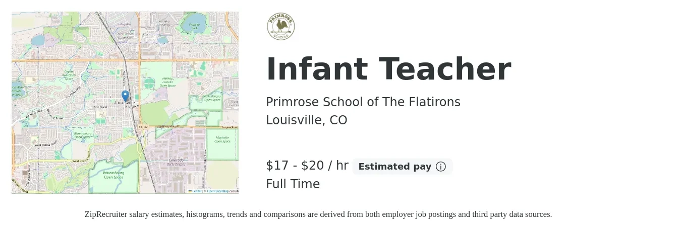 Primrose School of The Flatirons job posting for a Infant Teacher in Louisville, CO with a salary of $18 to $21 Hourly with a map of Louisville location.
