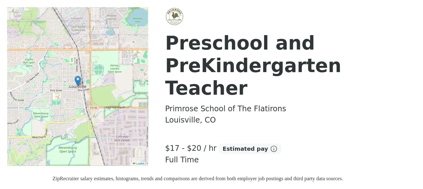 Primrose School of The Flatirons job posting for a Preschool and PreKindergarten Teacher in Louisville, CO with a salary of $18 to $21 Hourly with a map of Louisville location.