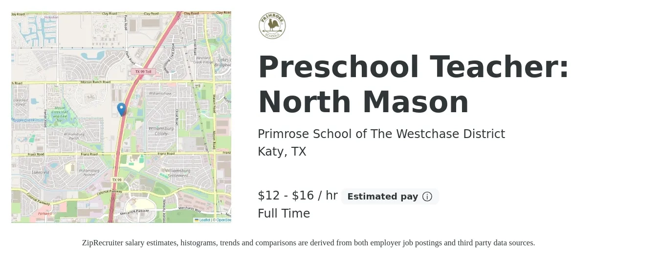 Primrose School of The Westchase District job posting for a Preschool Teacher: North Mason in Katy, TX with a salary of $13 to $17 Hourly with a map of Katy location.