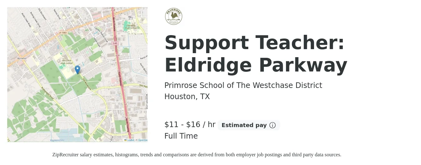 Primrose School of The Westchase District job posting for a Support Teacher: Eldridge Parkway in Houston, TX with a salary of $12 to $17 Hourly with a map of Houston location.