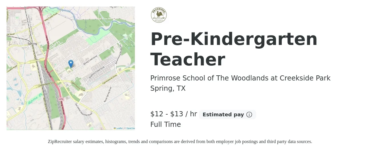 Primrose School of The Woodlands at Creekside Park job posting for a Pre-Kindergarten Teacher in Spring, TX with a salary of $13 to $14 Hourly with a map of Spring location.