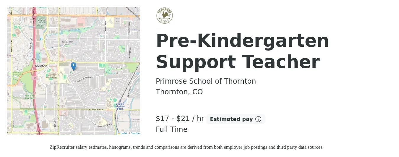 Primrose School of Thornton job posting for a Pre-Kindergarten Support Teacher in Thornton, CO with a salary of $18 to $22 Hourly with a map of Thornton location.