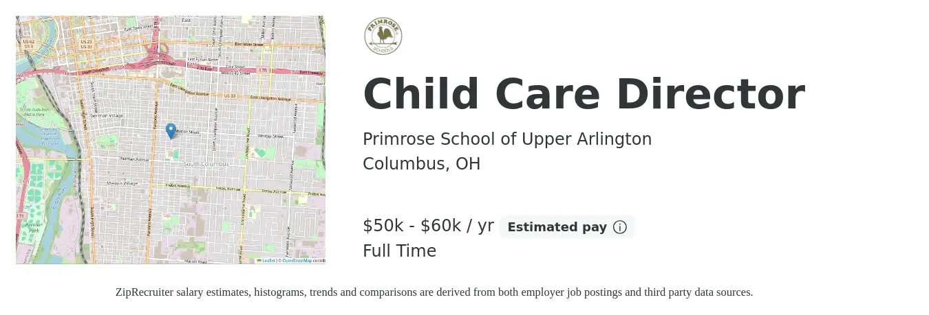 Primrose School of Upper Arlington job posting for a Child Care Director in Columbus, OH with a salary of $50,000 to $60,000 Yearly with a map of Columbus location.