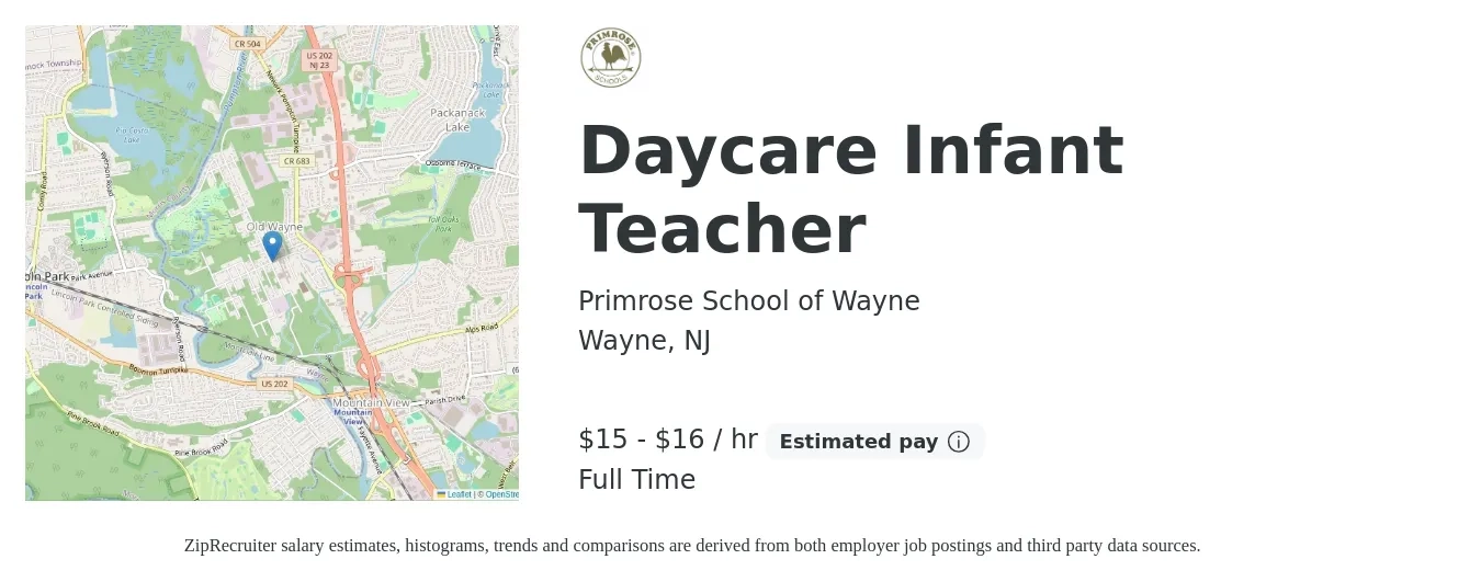 Primrose School of Wayne job posting for a Daycare Infant Teacher in Wayne, NJ with a salary of $16 to $17 Hourly with a map of Wayne location.