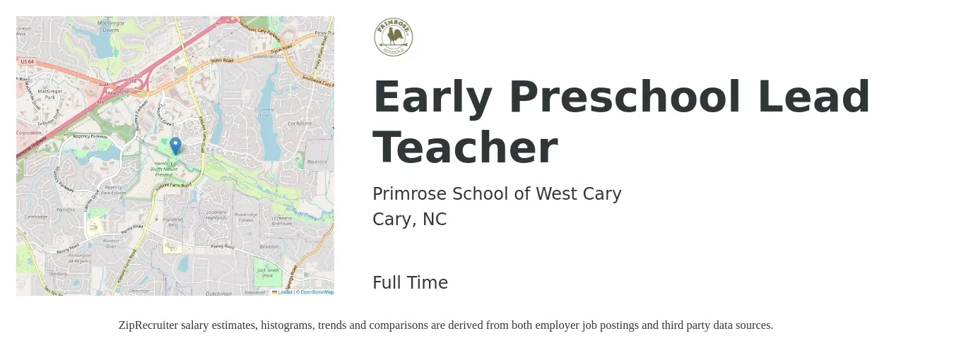 Primrose School of West Cary job posting for a Early Preschool Lead Teacher in Cary, NC with a salary of $14 to $18 Hourly with a map of Cary location.