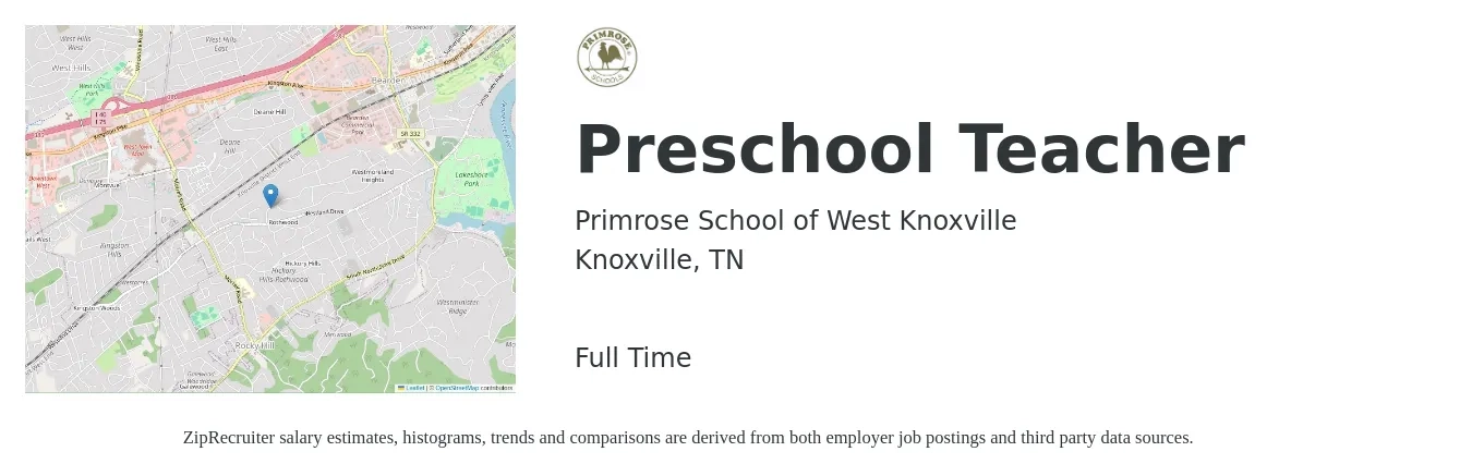 Primrose School of West Knoxville job posting for a Preschool Teacher in Knoxville, TN with a salary of $13 to $17 Hourly with a map of Knoxville location.