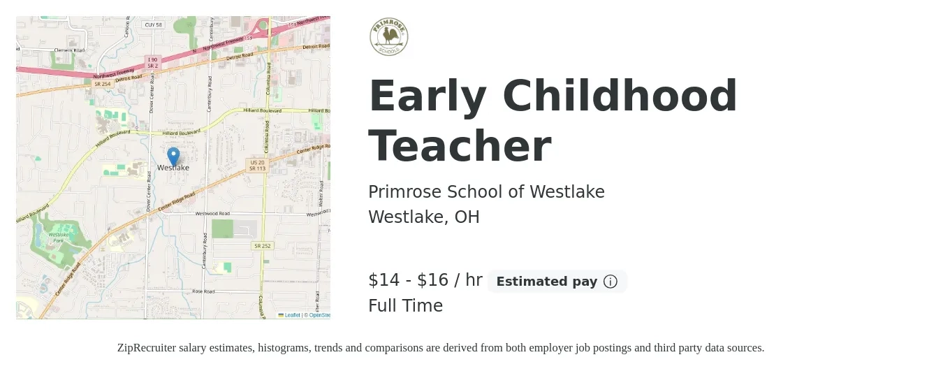 Primrose School of Westlake job posting for a Early Childhood Teacher in Westlake, OH with a salary of $15 to $17 Hourly with a map of Westlake location.