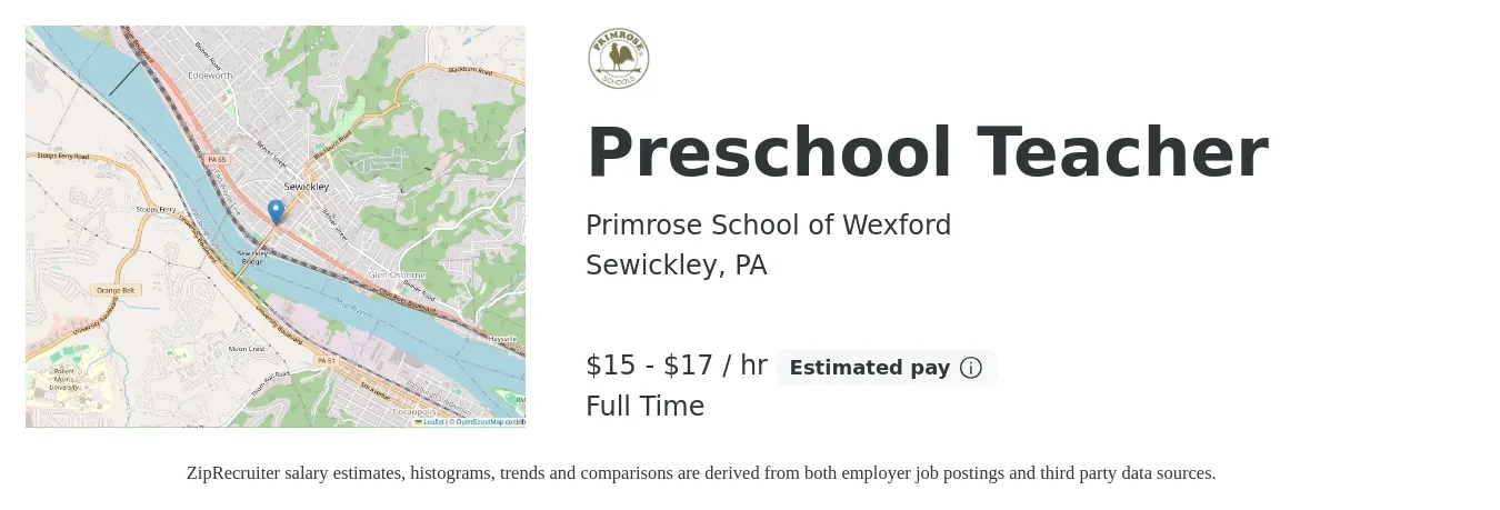 Primrose School of Wexford job posting for a Preschool Teacher in Sewickley, PA with a salary of $16 to $18 Hourly with a map of Sewickley location.