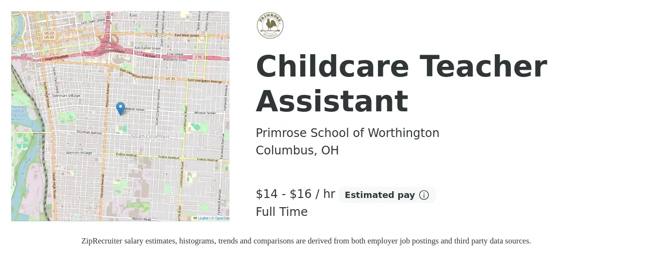 Primrose School of Worthington job posting for a Childcare Teacher Assistant in Columbus, OH with a salary of $15 to $17 Hourly with a map of Columbus location.