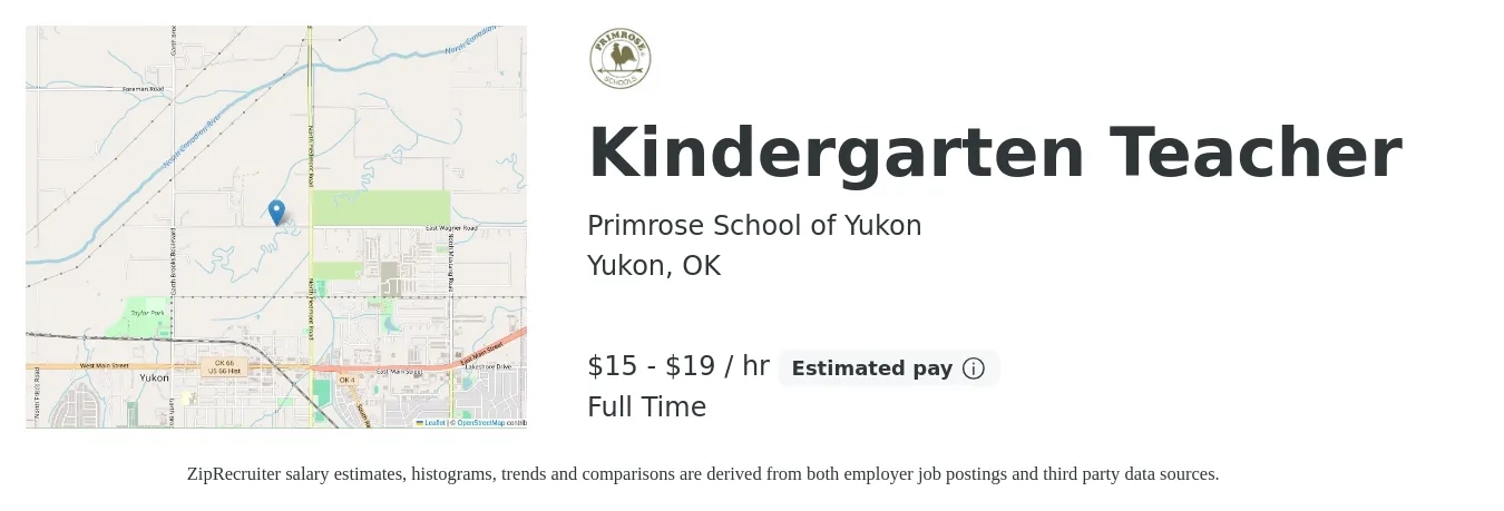 Primrose School of Yukon job posting for a Kindergarten Teacher in Yukon, OK with a salary of $16 to $20 Hourly with a map of Yukon location.