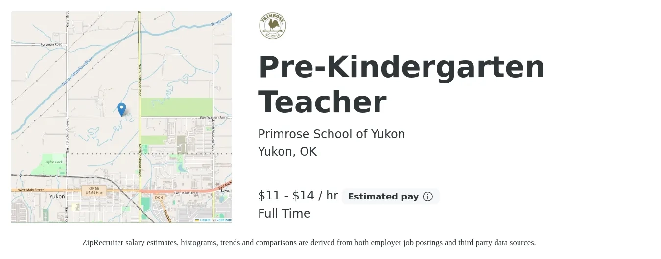 Primrose School of Yukon job posting for a Pre-Kindergarten Teacher in Yukon, OK with a salary of $12 to $15 Hourly with a map of Yukon location.