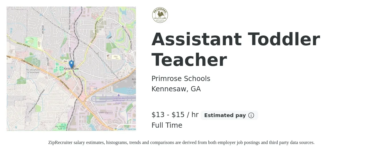 Primrose School of Brookstone job posting for a Assistant Toddler Teacher in Kennesaw, GA with a salary of $14 to $16 Hourly with a map of Kennesaw location.