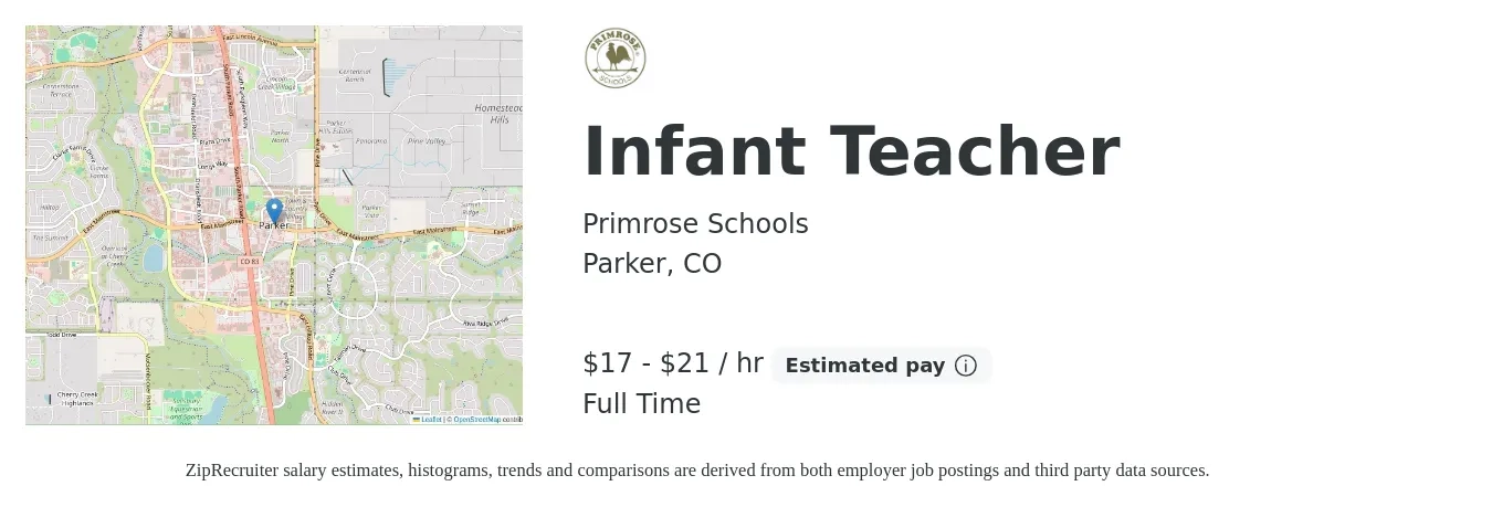 Primrose School of Parker job posting for a Infant Teacher in Parker, CO with a salary of $18 to $22 Hourly with a map of Parker location.