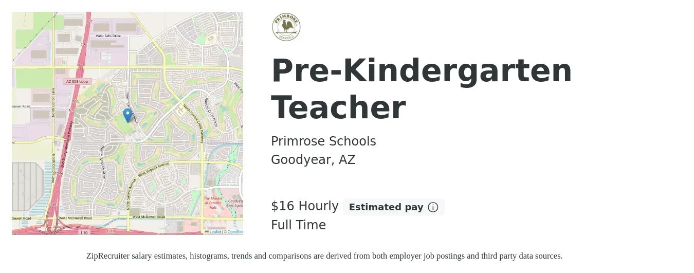 Primrose School of Palm Valley job posting for a Pre-Kindergarten Teacher in Goodyear, AZ with a salary of $17 Hourly with a map of Goodyear location.